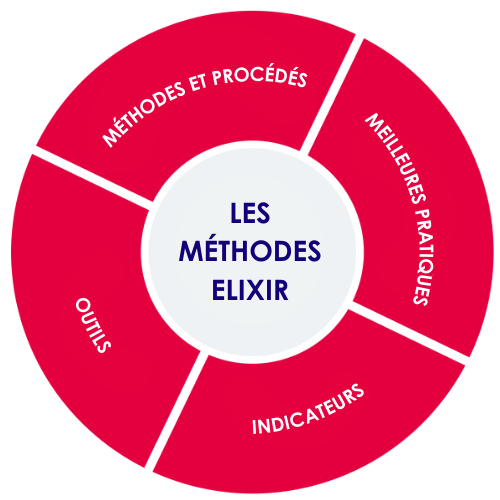 visuel représentant les 4 piliers d'elixir delivery methods :1) méthodes et procédés, 2) meilleures pratiques, 3) outils, 4) indicateurs